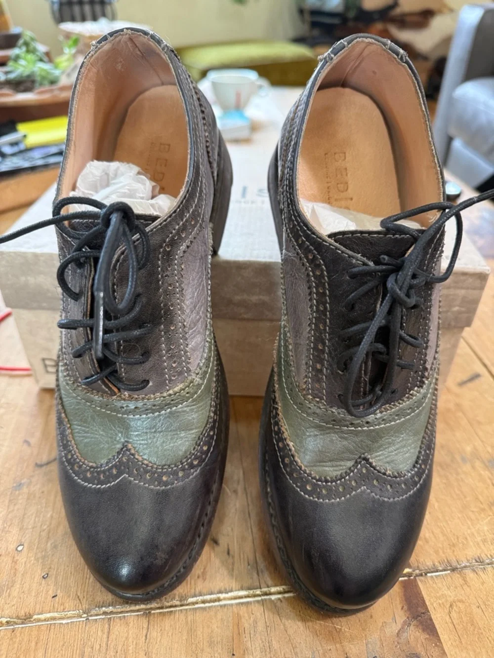 BED|STU Women's Lita Brogue Oxfords in Rustic Metal and Sage. - Picture 2 of 7
